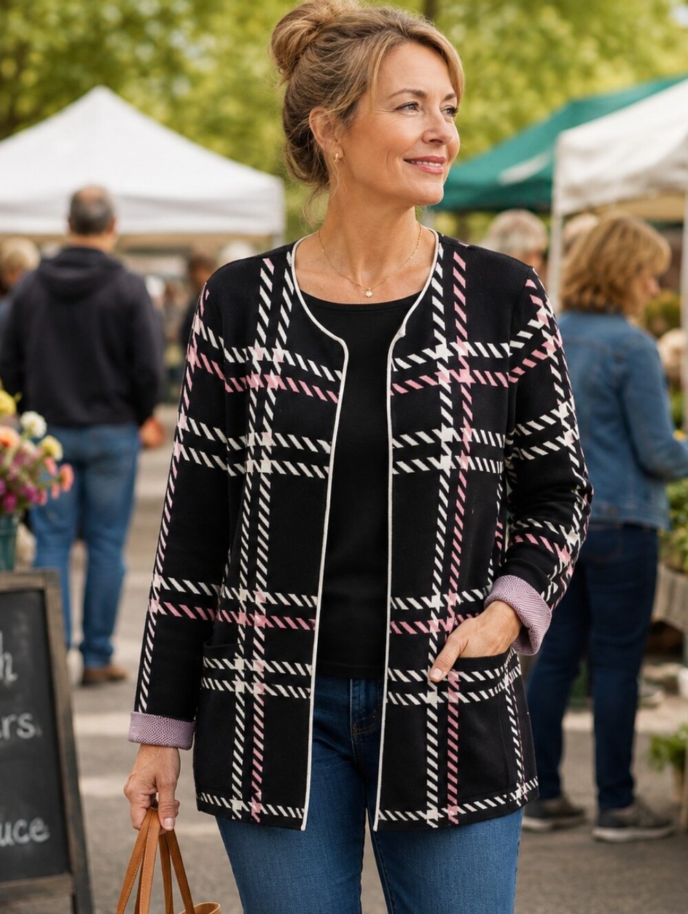 TALBOTS Black Plaid Knit Sweater Coat Snap Front | MP NWOT